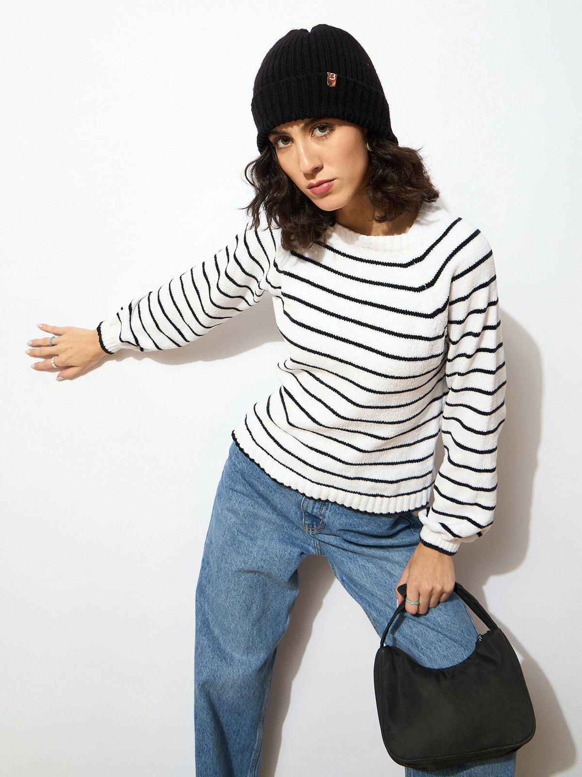 Black & White Striped Full Sleeves Sweater-SASSAFRAS