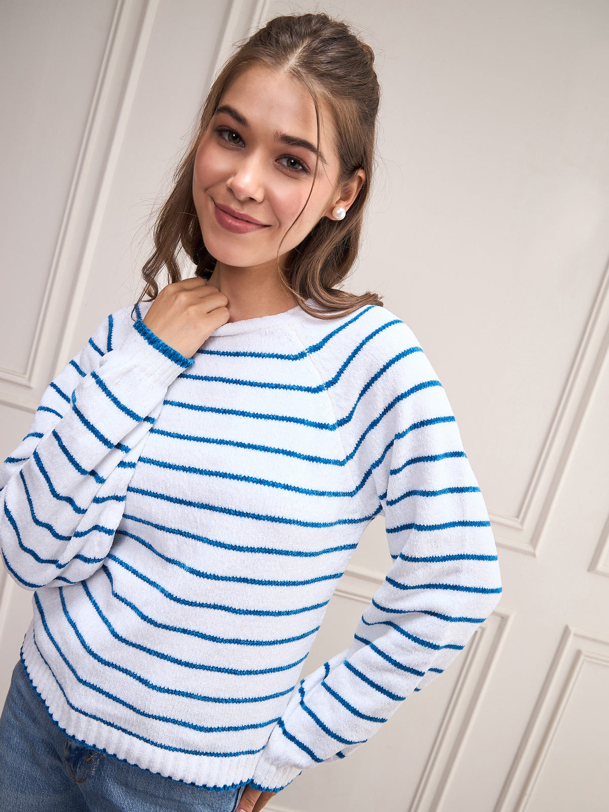 Blue & White Striped Full Sleeves Sweater-SASSAFRAS