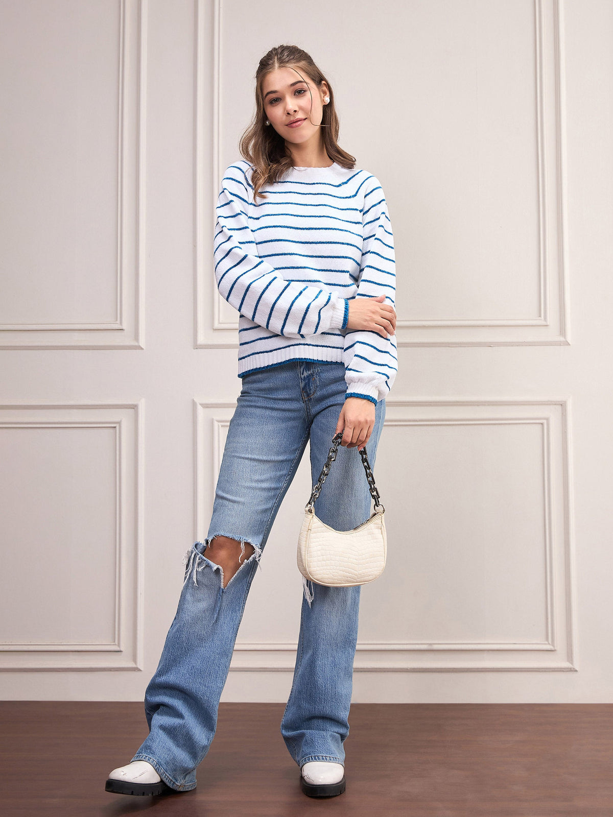 Blue & White Striped Full Sleeves Sweater-SASSAFRAS