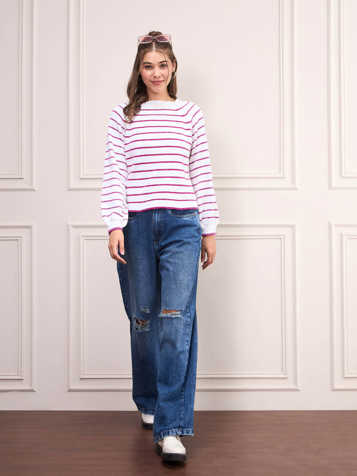 Pink & White Striped Full Sleeves Sweater-SASSAFRAS