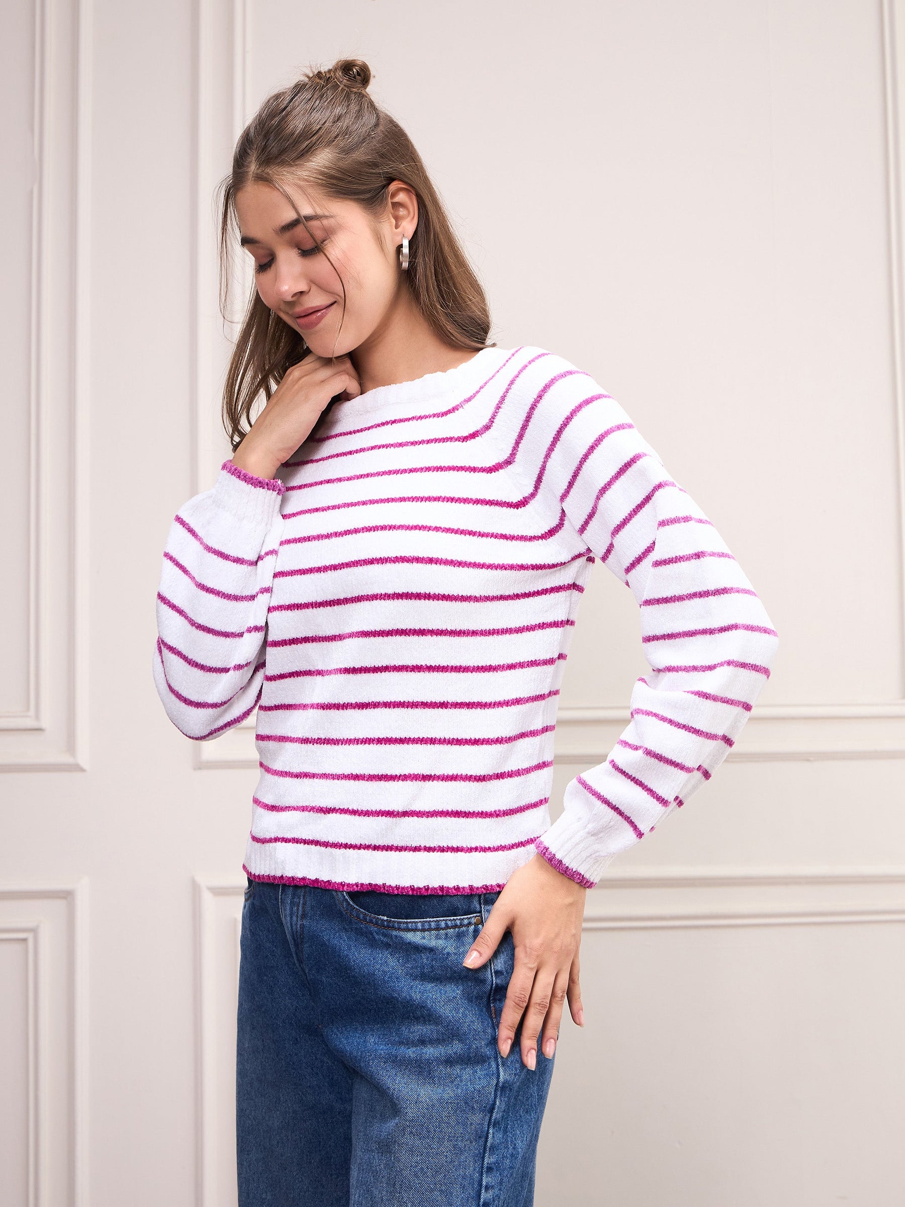 Pink & White Striped Full Sleeves Sweater-SASSAFRAS