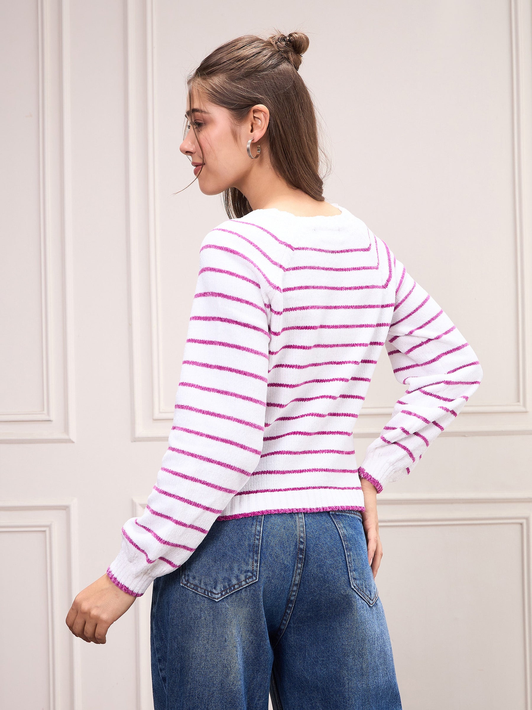 Pink & White Striped Full Sleeves Sweater-SASSAFRAS