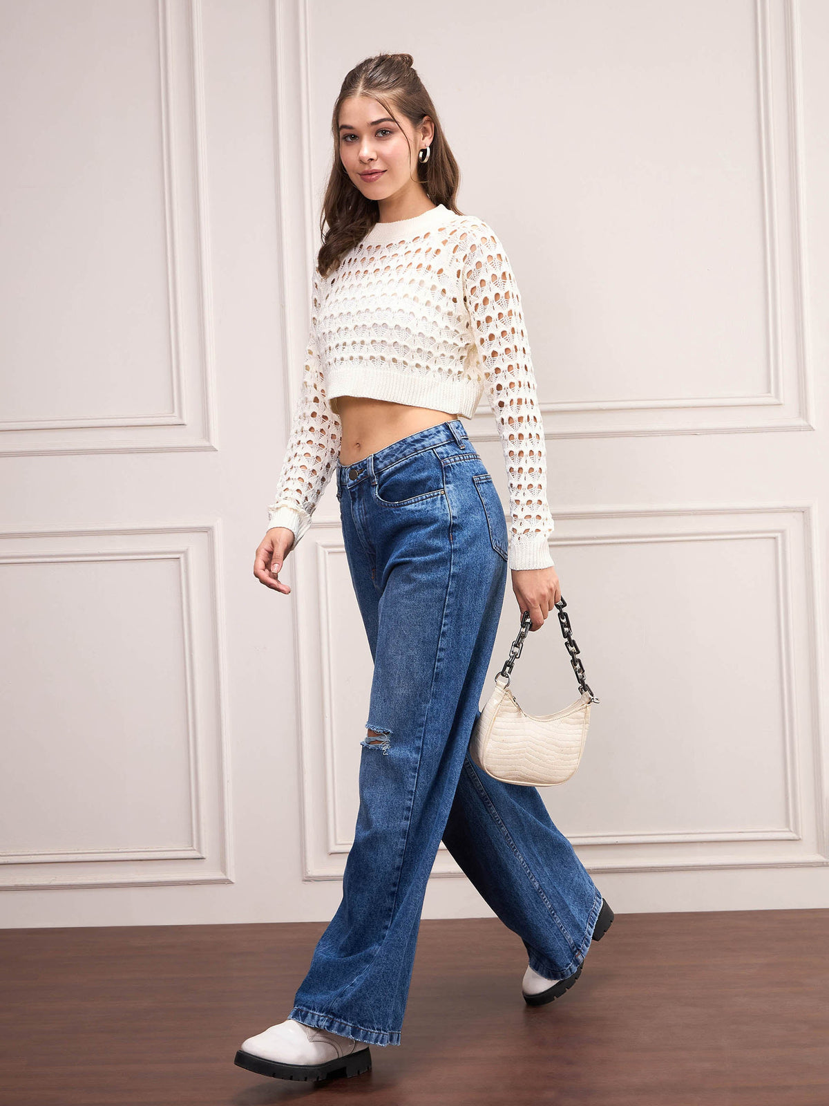 Off-White Crochet Crop Sweater Top-SASSAFRAS