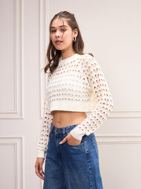 Off-White Crochet Crop Sweater Top-SASSAFRAS