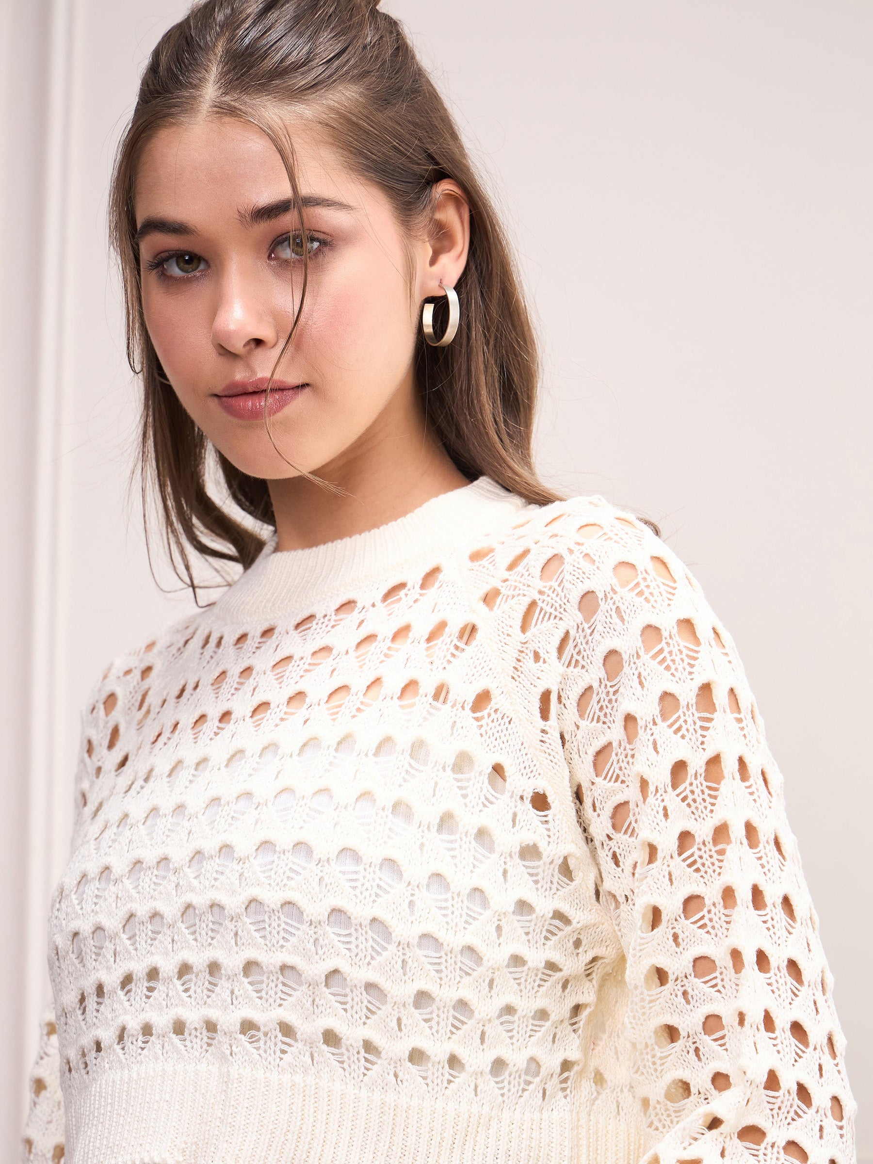 Off-White Crochet Crop Sweater Top-SASSAFRAS