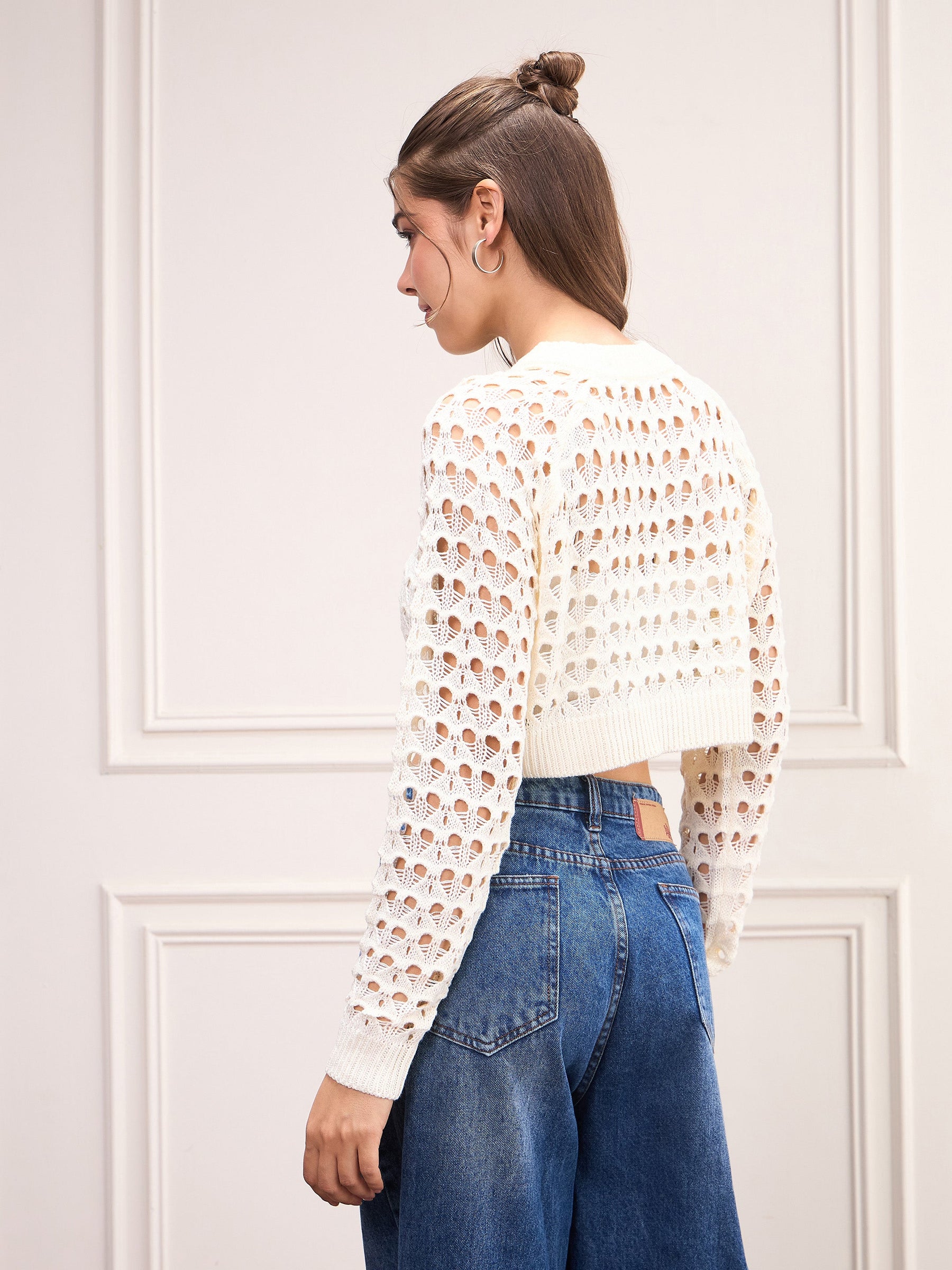 Off-White Crochet Crop Sweater Top-SASSAFRAS