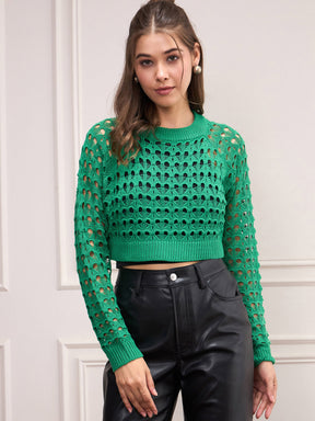 Green Crochet Crop Sweater Top-SASSAFRAS