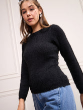 Black Round Neck Hairy Fur Pullover Sweater-SASSAFRAS