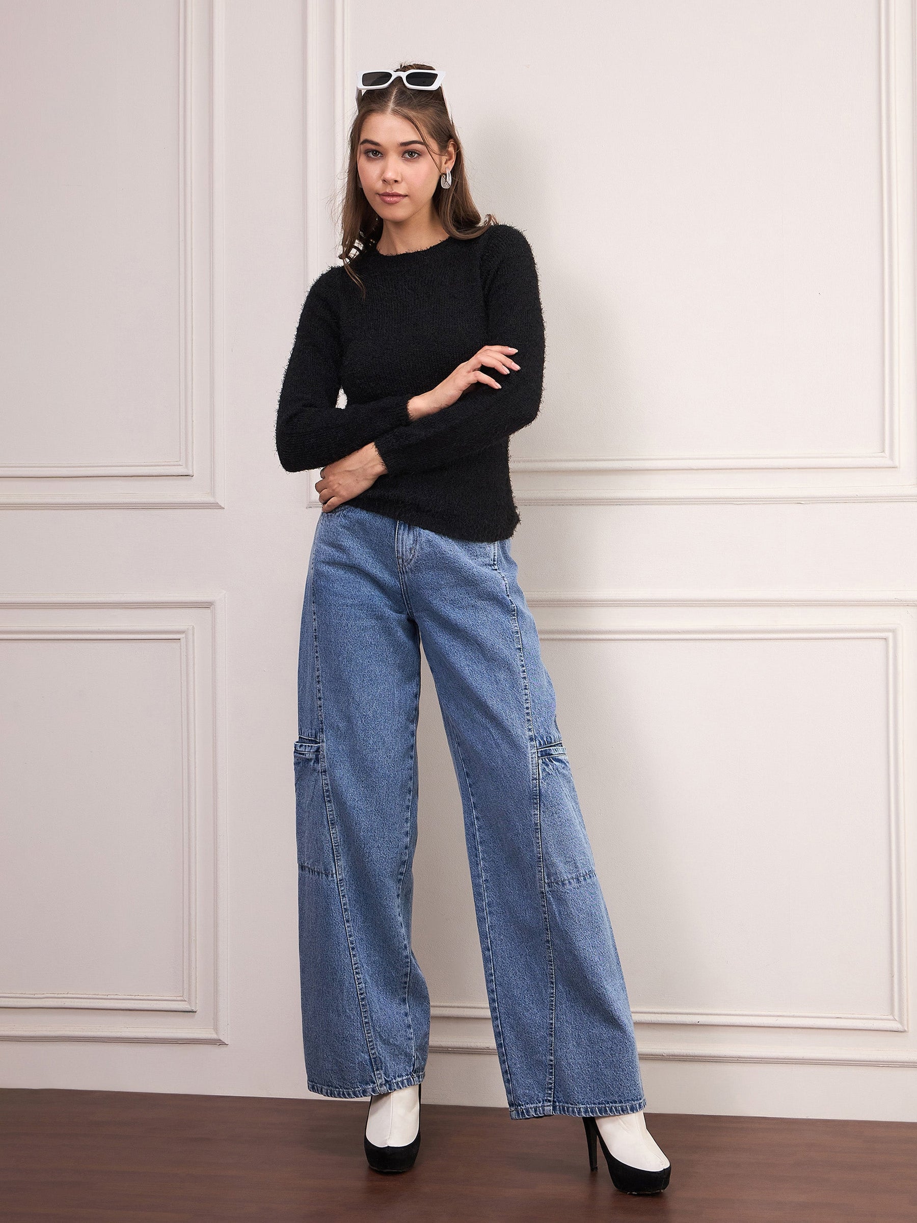 Women Black Round Neck Hairy Fur Pullover Sweater