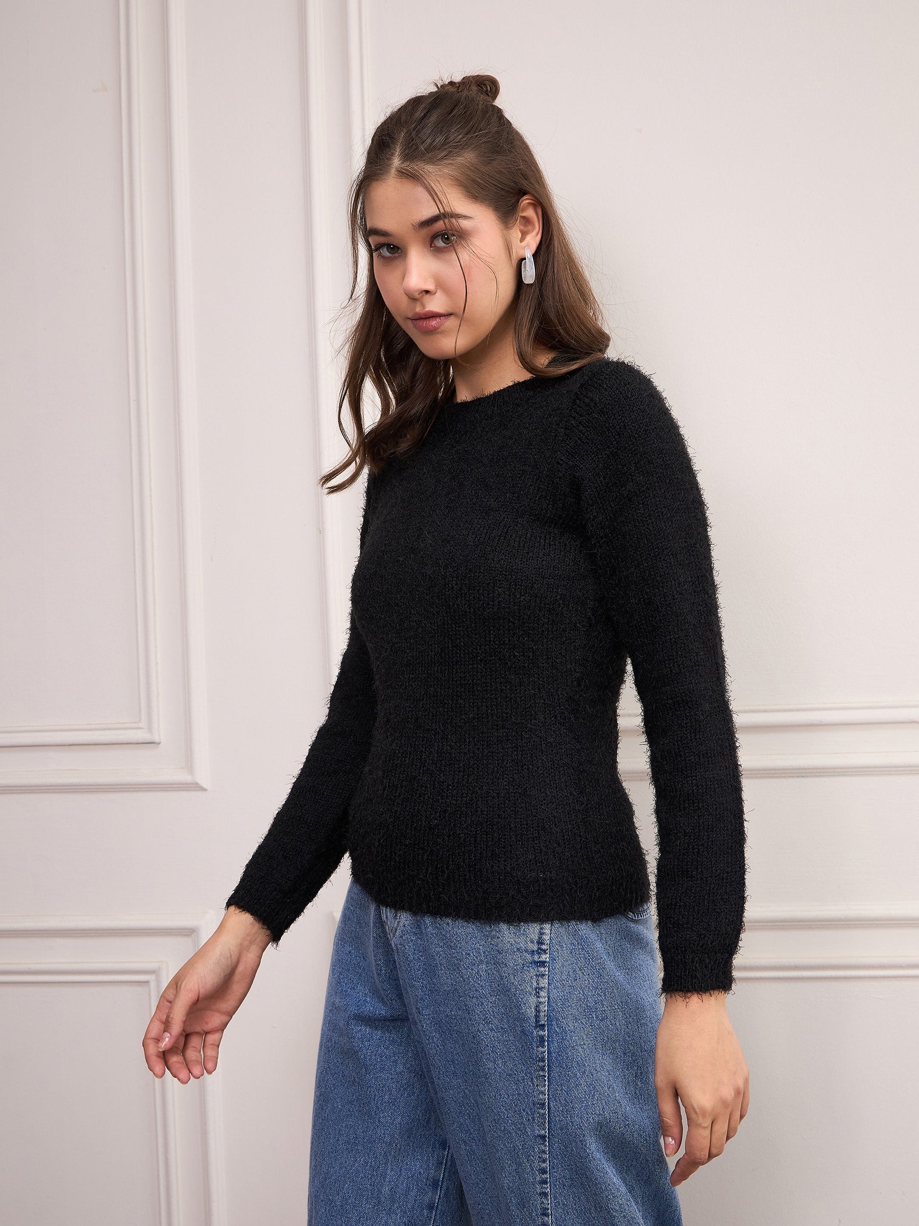 Black Round Neck Hairy Fur Pullover Sweater-SASSAFRAS