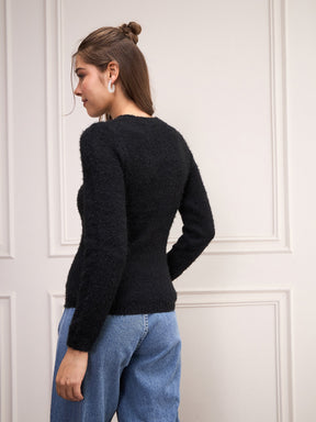 Black Round Neck Hairy Fur Pullover Sweater-SASSAFRAS