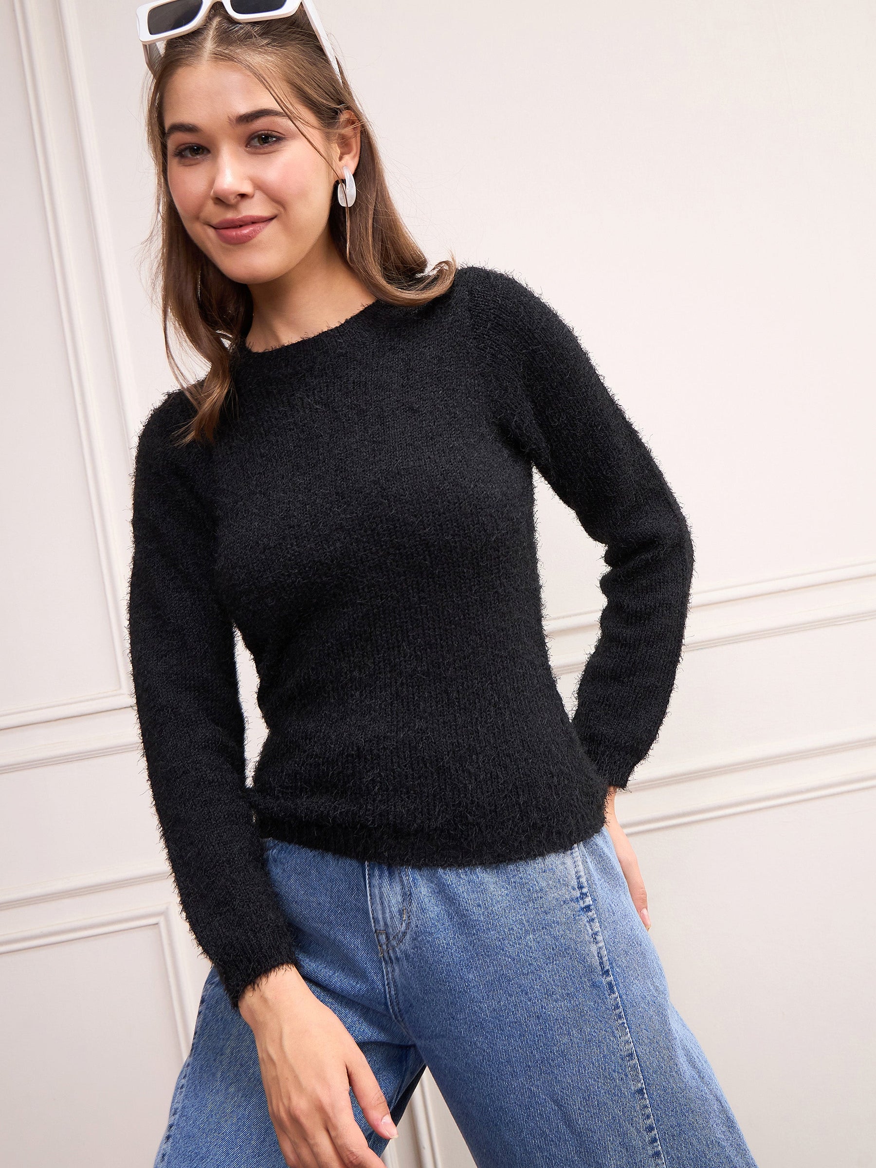 Black Round Neck Hairy Fur Pullover Sweater-SASSAFRAS