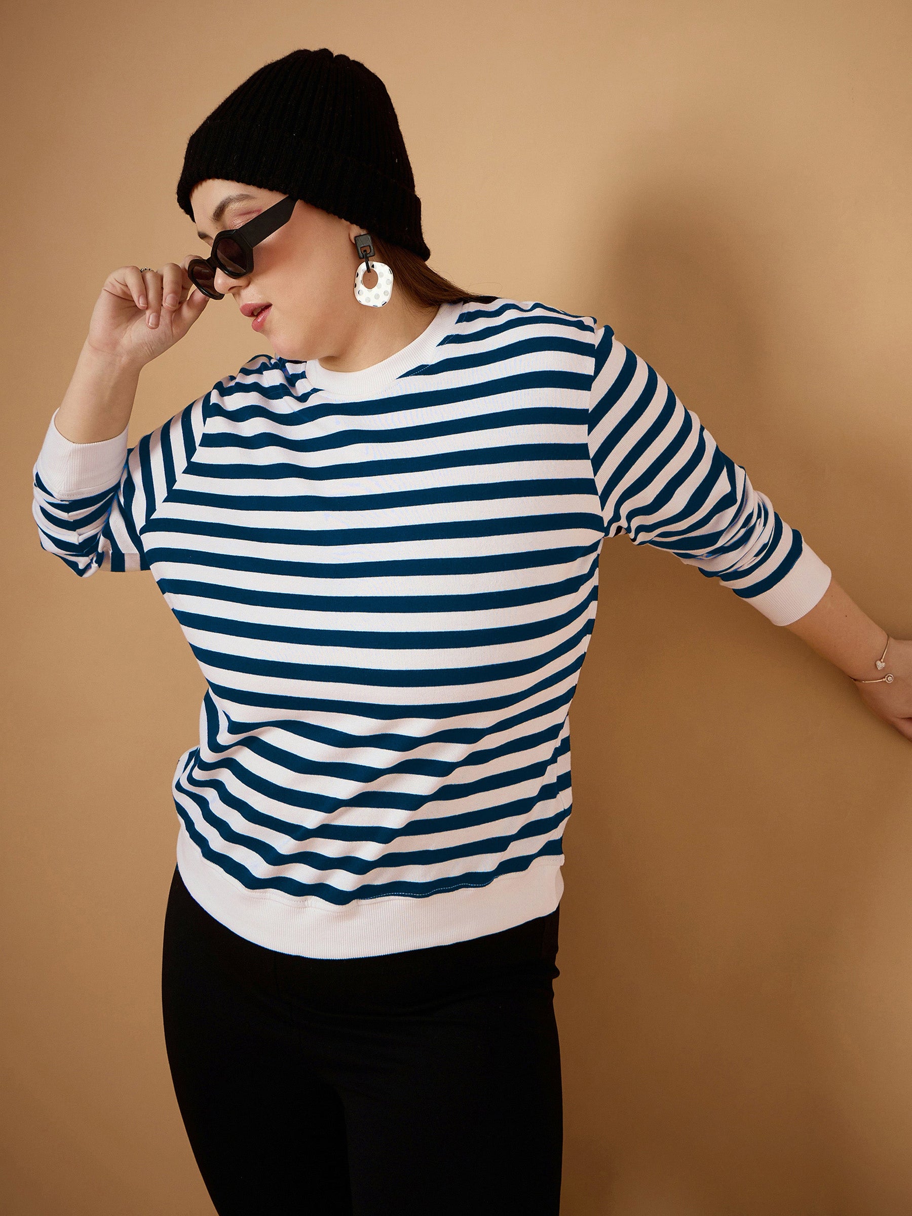 Navy & White Striped Full Sleeves Sweater-SASSAFRAS Curve