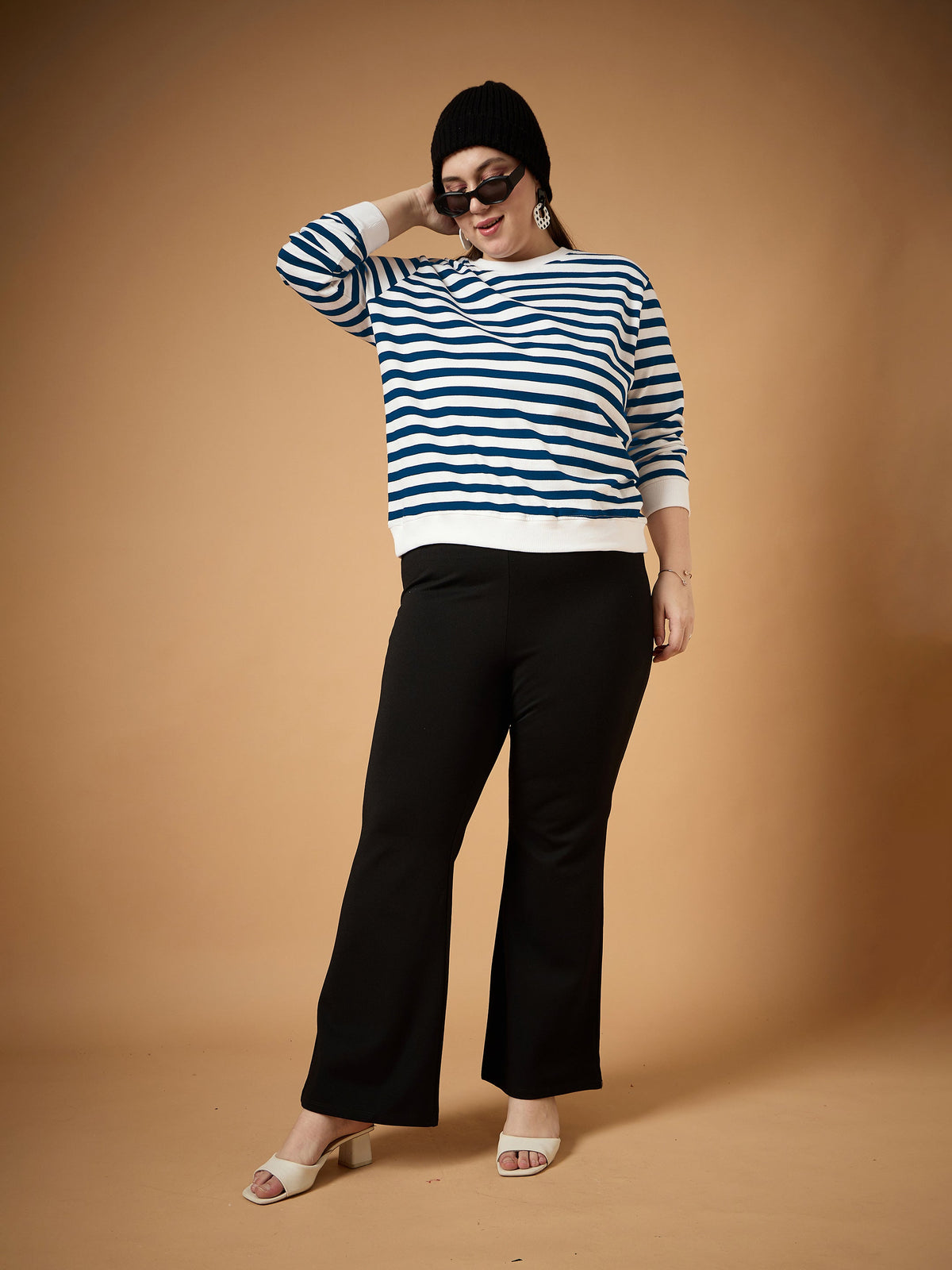 Navy & White Striped Full Sleeves Sweater-SASSAFRAS Curve