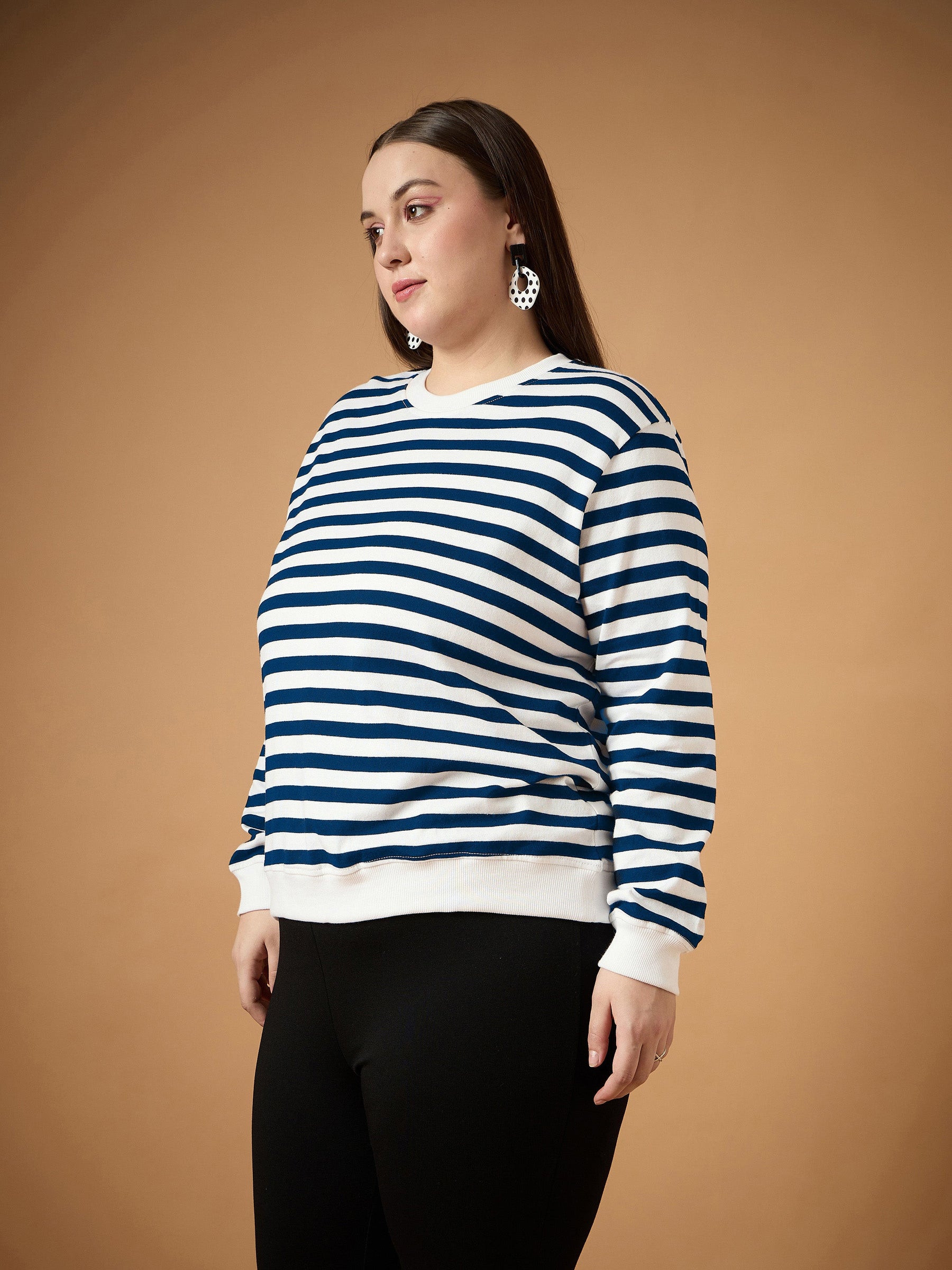 Navy & White Striped Full Sleeves Sweater-SASSAFRAS Curve