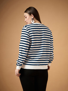 Navy & White Striped Full Sleeves Sweater-SASSAFRAS Curve