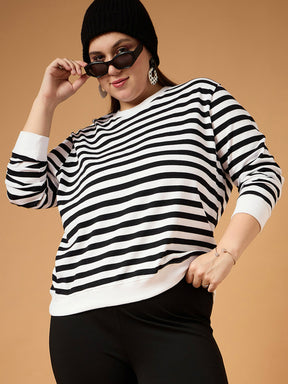 Black & White Striped Full Sleeves Sweater-SASSAFRAS Curve