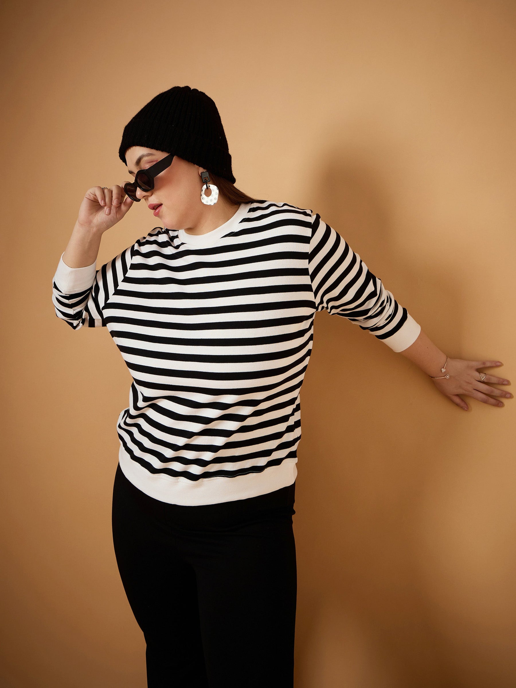 Black & White Striped Full Sleeves Sweater-SASSAFRAS Curve