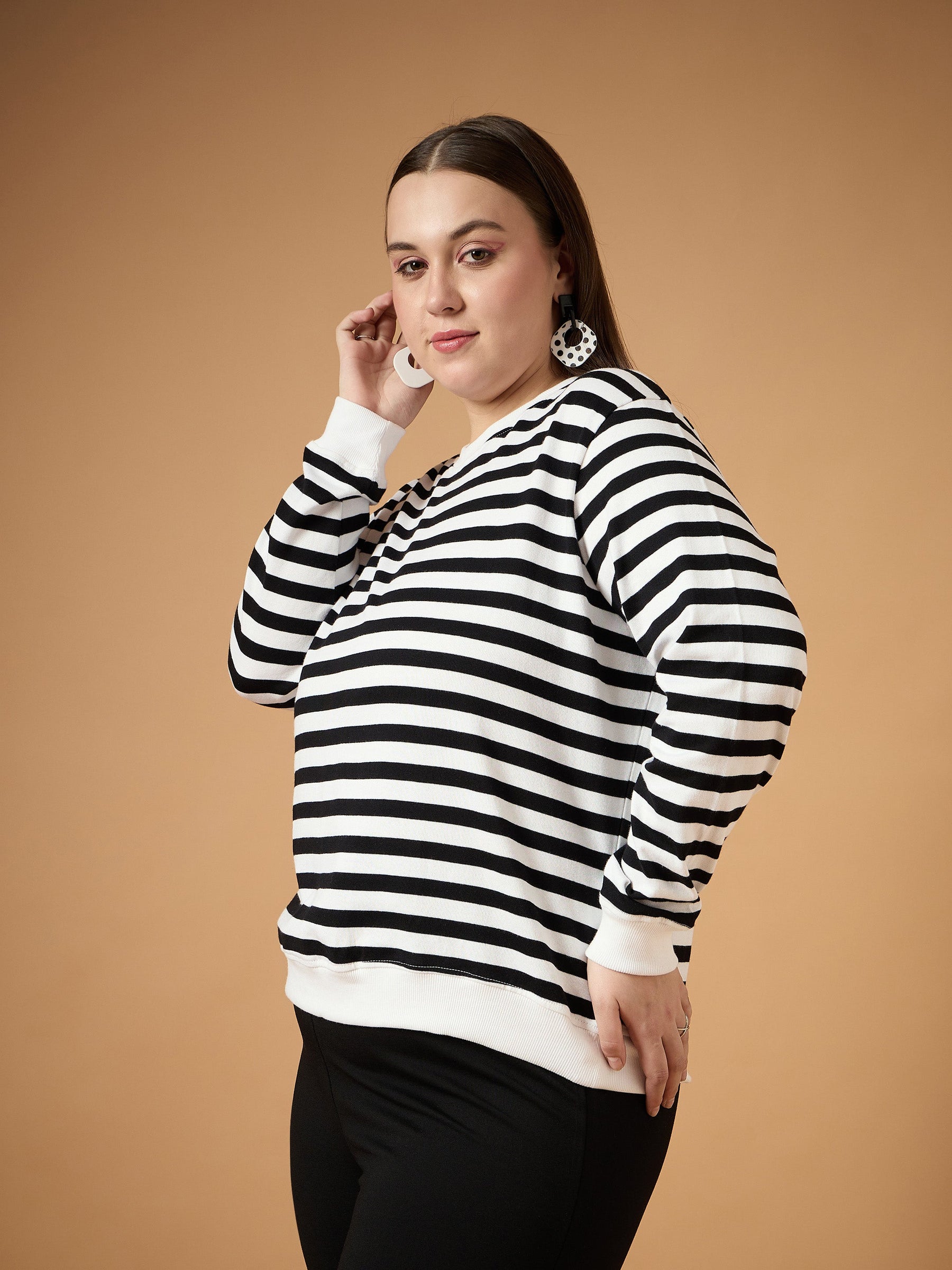 Black & White Striped Full Sleeves Sweater-SASSAFRAS Curve