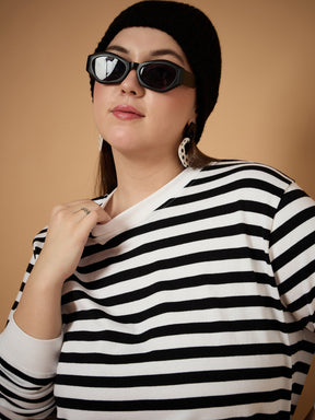 Black & White Striped Full Sleeves Sweater-SASSAFRAS Curve