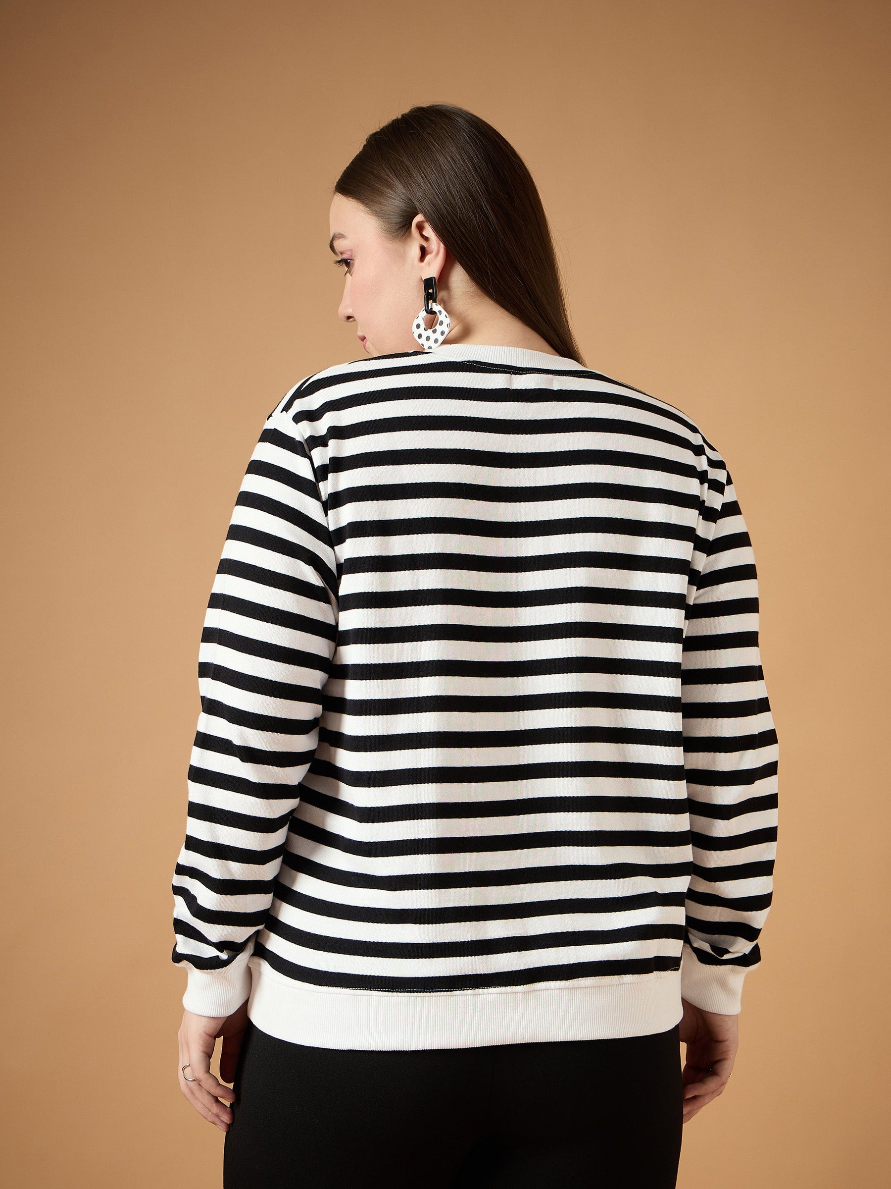 Black & White Striped Full Sleeves Sweater-SASSAFRAS Curve