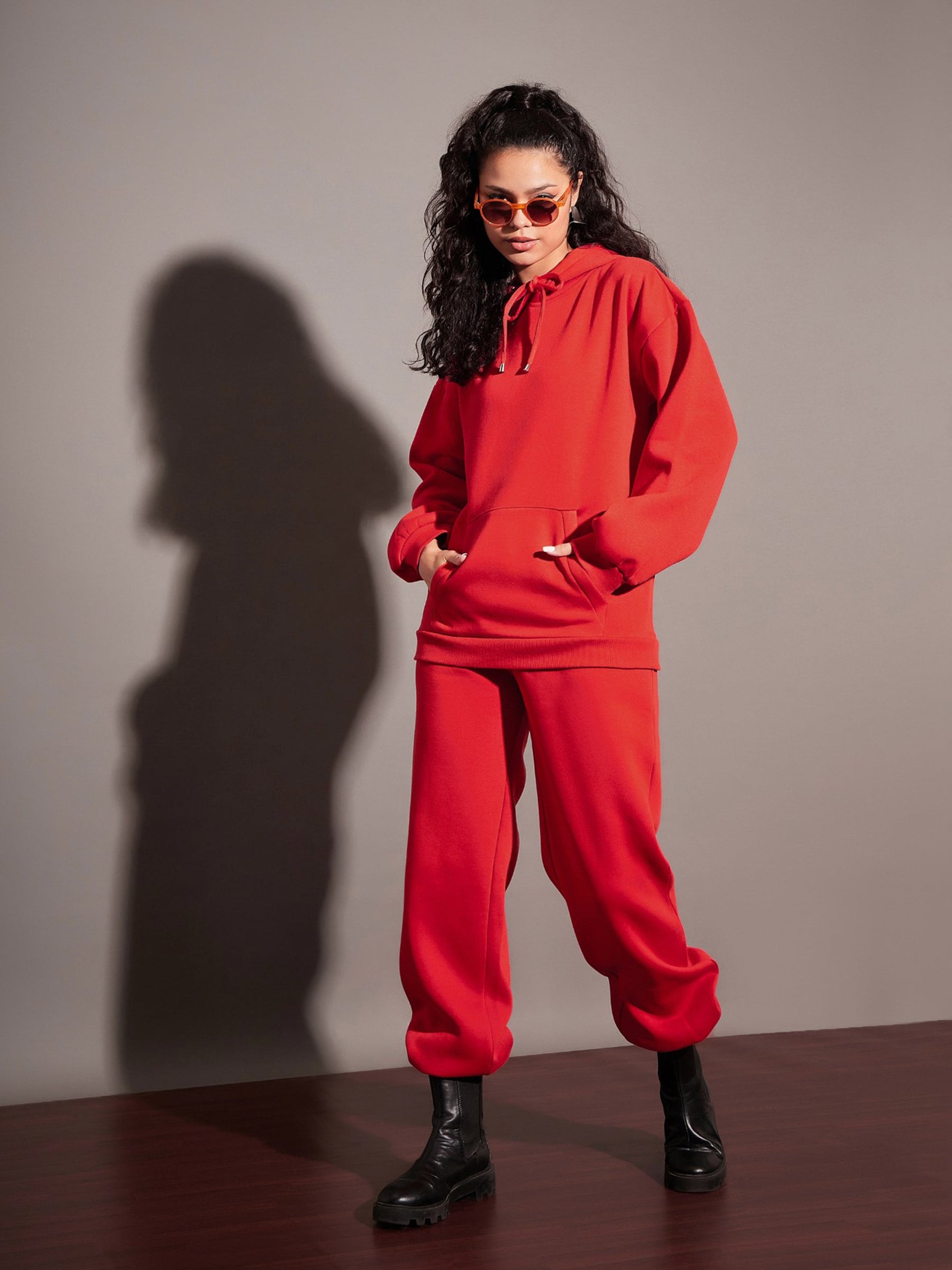 Women Red Fleece Hoodie With Joggers