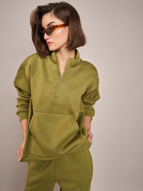 Olive Fleece Front Zipper Sweatshirt-SASSAFRAS