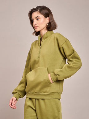 Olive Fleece Front Zipper Sweatshirt-SASSAFRAS