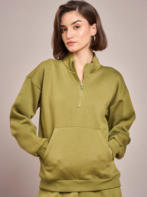 Olive Fleece Front Zipper Sweatshirt-SASSAFRAS