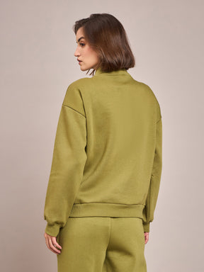 Olive Fleece Front Zipper Sweatshirt-SASSAFRAS