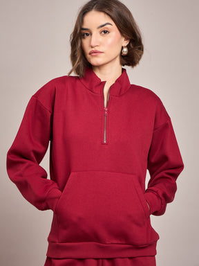 Maroon Fleece Front Zipper Sweatshirt-SASSAFRAS