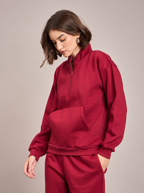 Maroon Fleece Front Zipper Sweatshirt-SASSAFRAS