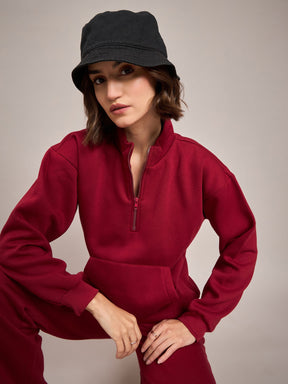 Maroon Fleece Front Zipper Sweatshirt-SASSAFRAS