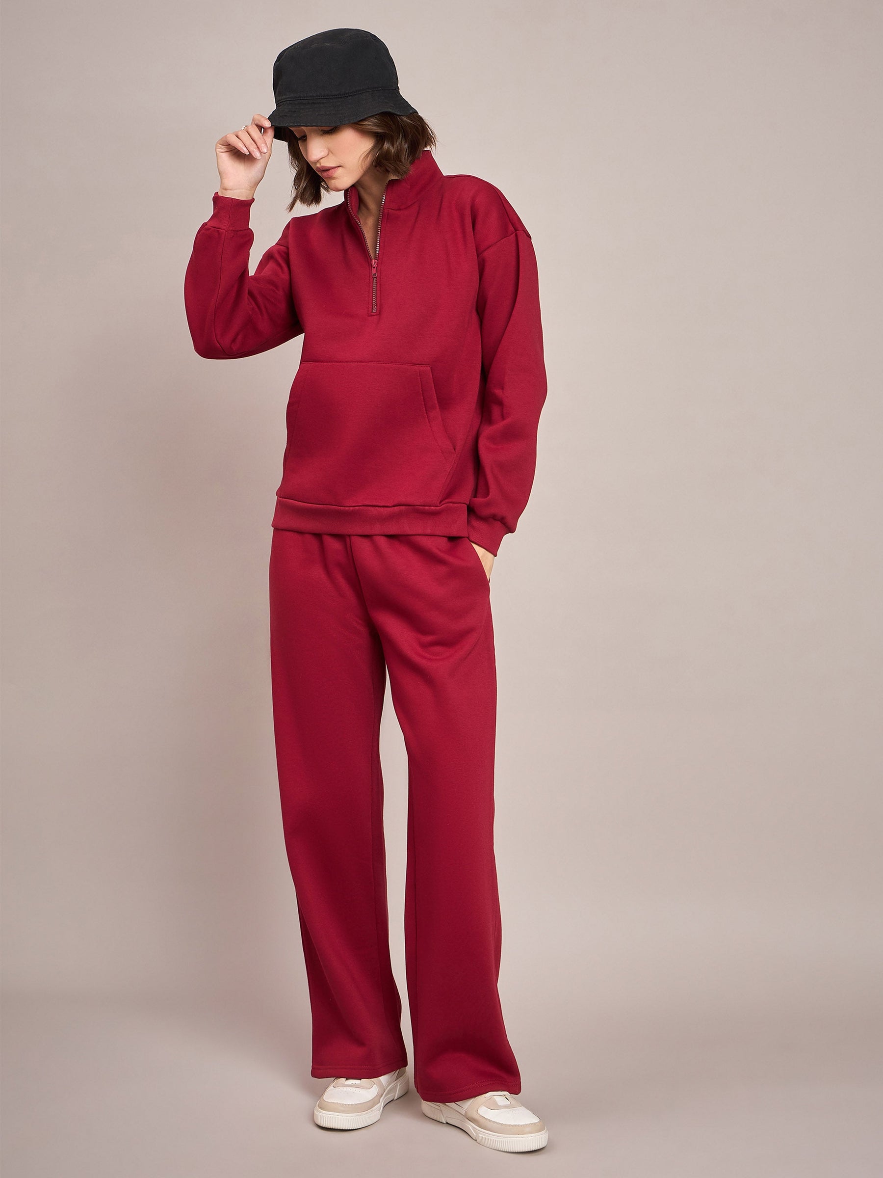 Maroon Fleece Front Zipper Sweatshirt With Track Pant-SASSAFRAS