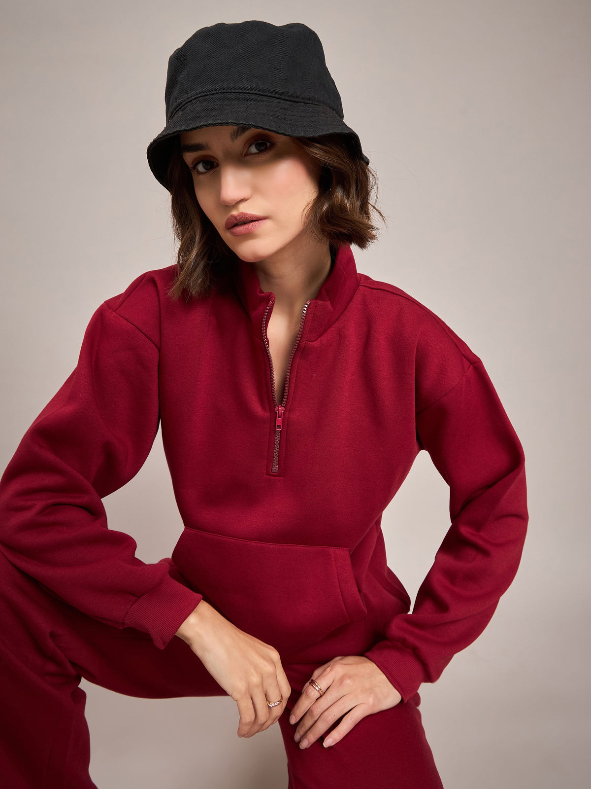 Maroon Fleece Front Zipper Sweatshirt With Track Pant-SASSAFRAS