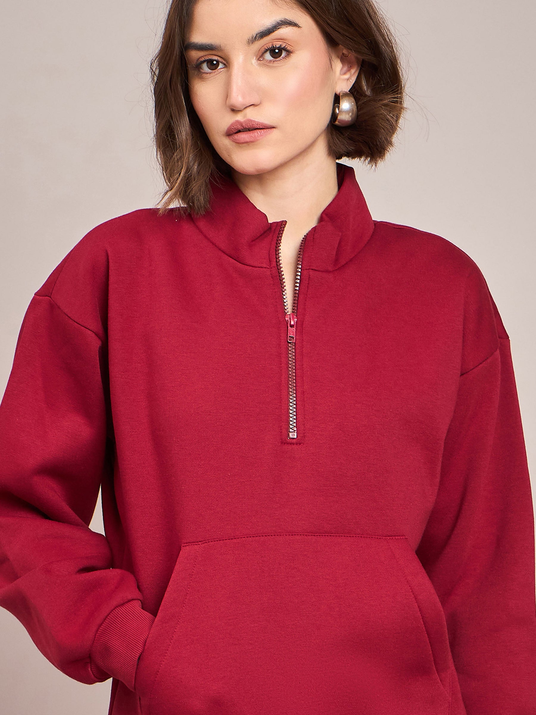 Maroon Fleece Front Zipper Sweatshirt With Track Pant-SASSAFRAS