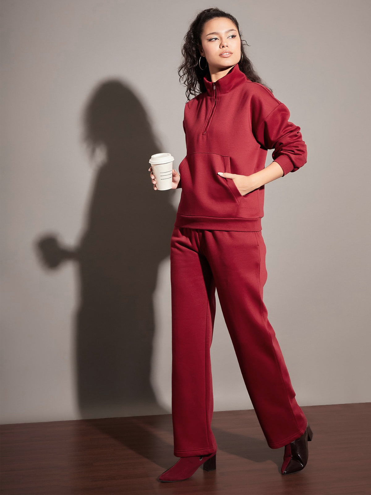 Maroon Fleece Front Zipper Sweatshirt With Track Pant-SASSAFRAS