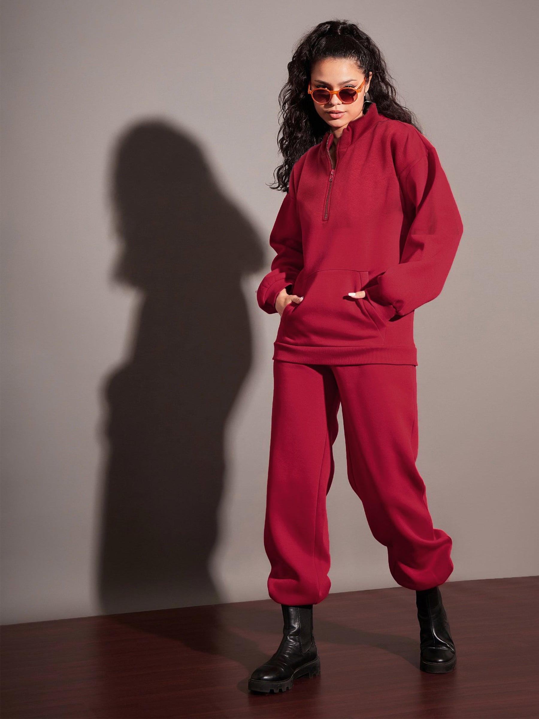 Maroon Fleece Front Zipper Sweatshirt With Joggers-SASSAFRAS