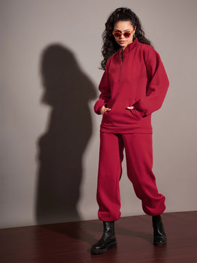 Maroon Fleece Front Zipper Sweatshirt With Joggers-SASSAFRAS