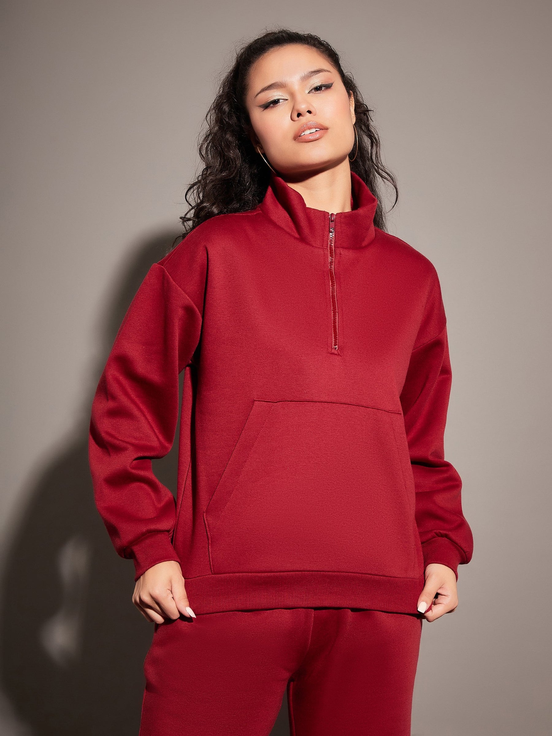 Maroon Fleece Front Zipper Sweatshirt With Joggers-SASSAFRAS