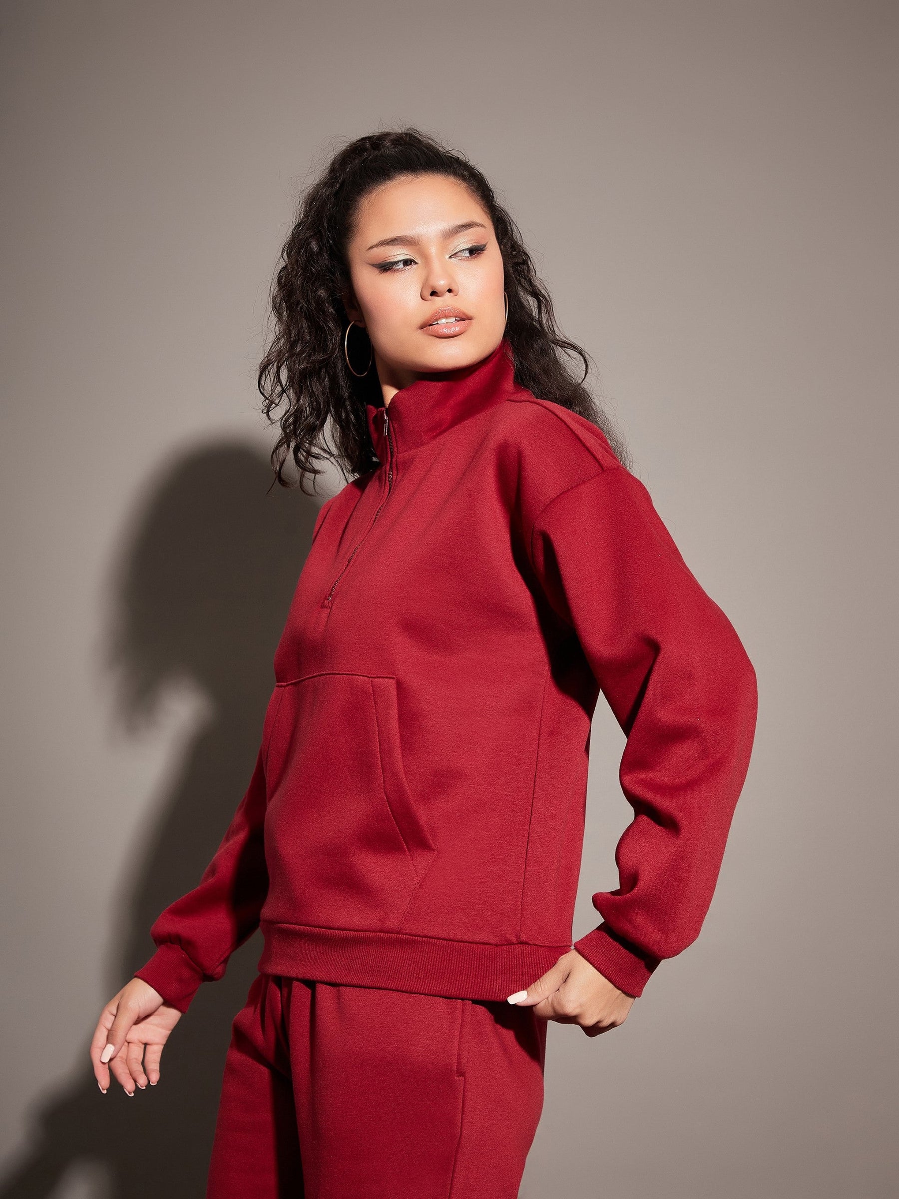 Maroon Fleece Front Zipper Sweatshirt With Joggers-SASSAFRAS