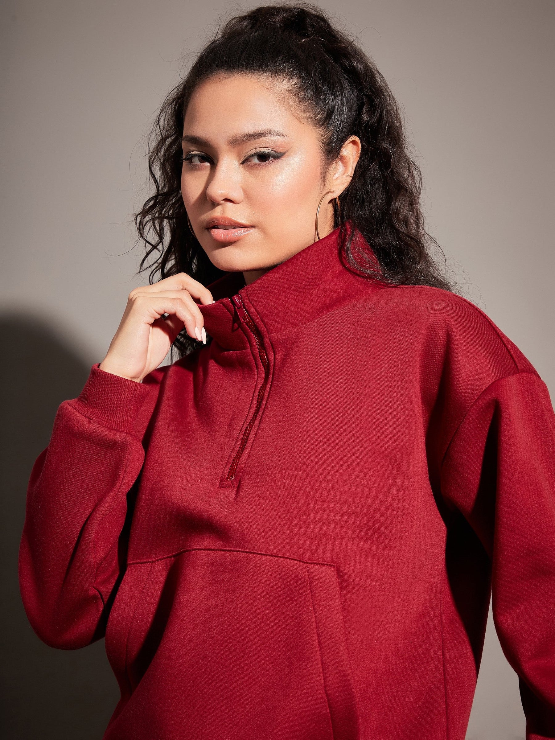 Maroon Fleece Front Zipper Sweatshirt With Joggers-SASSAFRAS