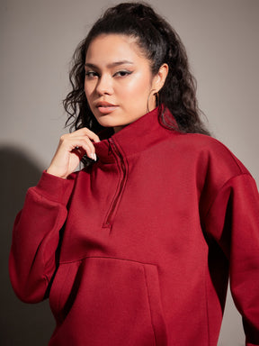 Maroon Fleece Front Zipper Sweatshirt With Joggers-SASSAFRAS