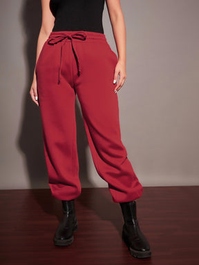 Maroon Fleece Front Zipper Sweatshirt With Joggers-SASSAFRAS