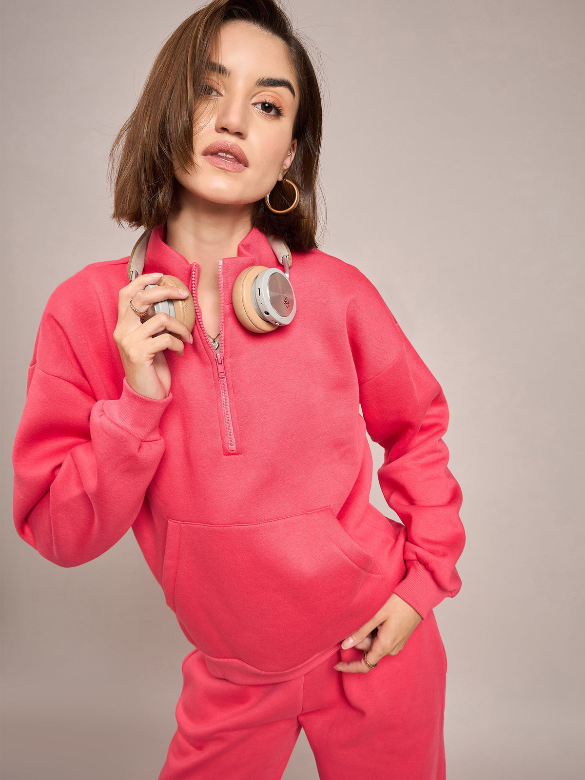 Pink Fleece Front Zipper Sweatshirt-SASSAFRAS