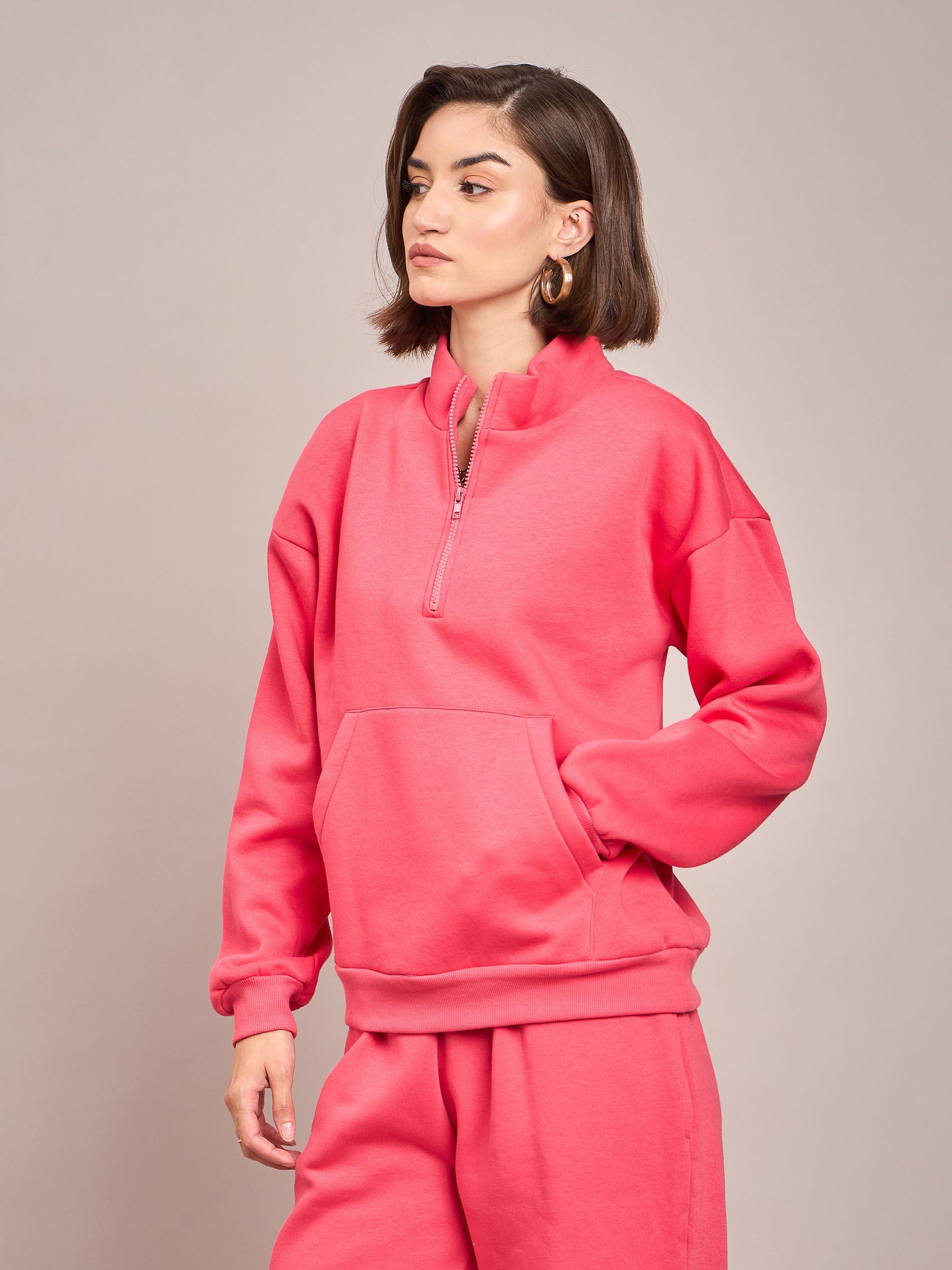 Pink Fleece Front Zipper Sweatshirt-SASSAFRAS