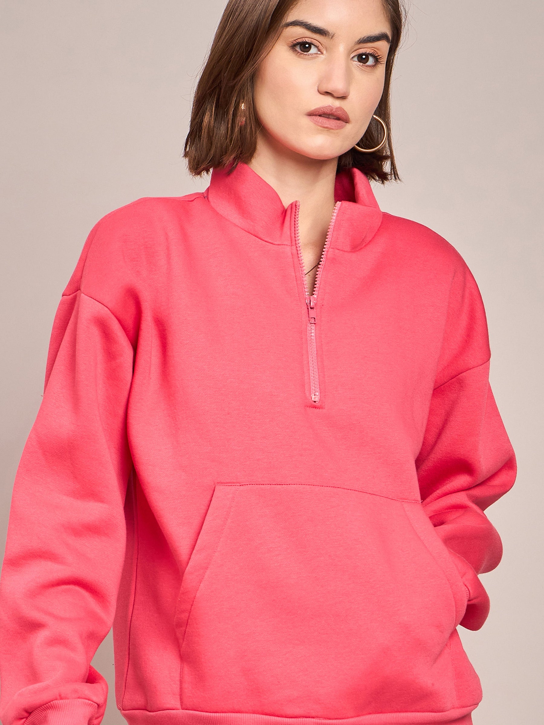 Pink Fleece Front Zipper Sweatshirt-SASSAFRAS