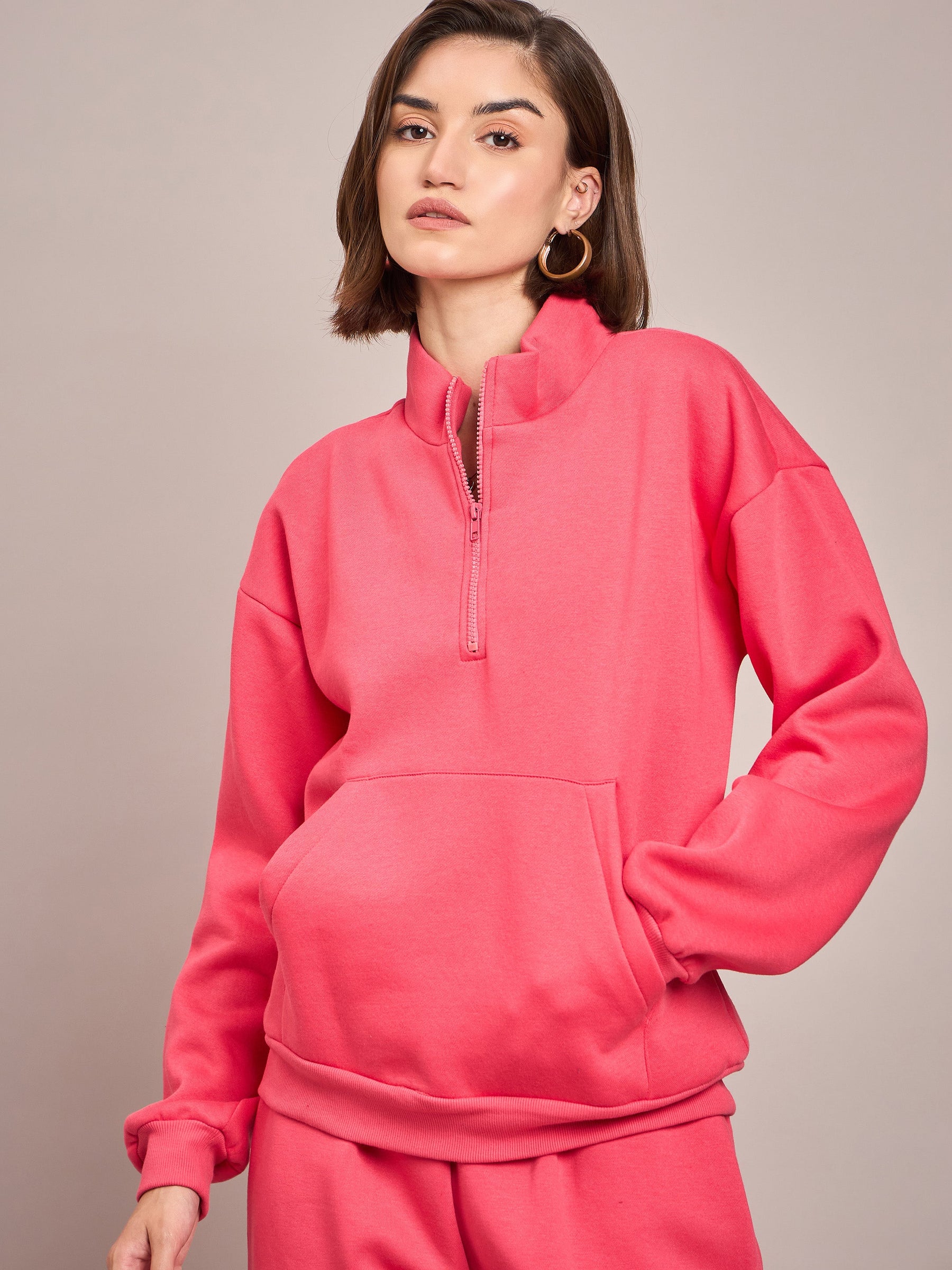 Pink Fleece Front Zipper Sweatshirt-SASSAFRAS