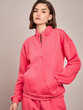 Pink Fleece Front Zipper Sweatshirt-SASSAFRAS