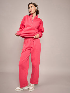 Pink Fleece Front Zipper Sweatshirt With Track Pant-SASSAFRAS